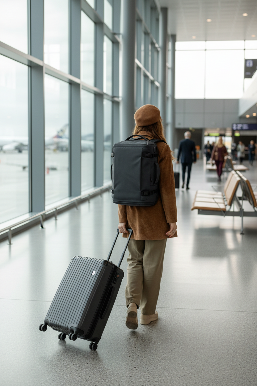 Femme chic à l'aéroport avec valise et sac à dos