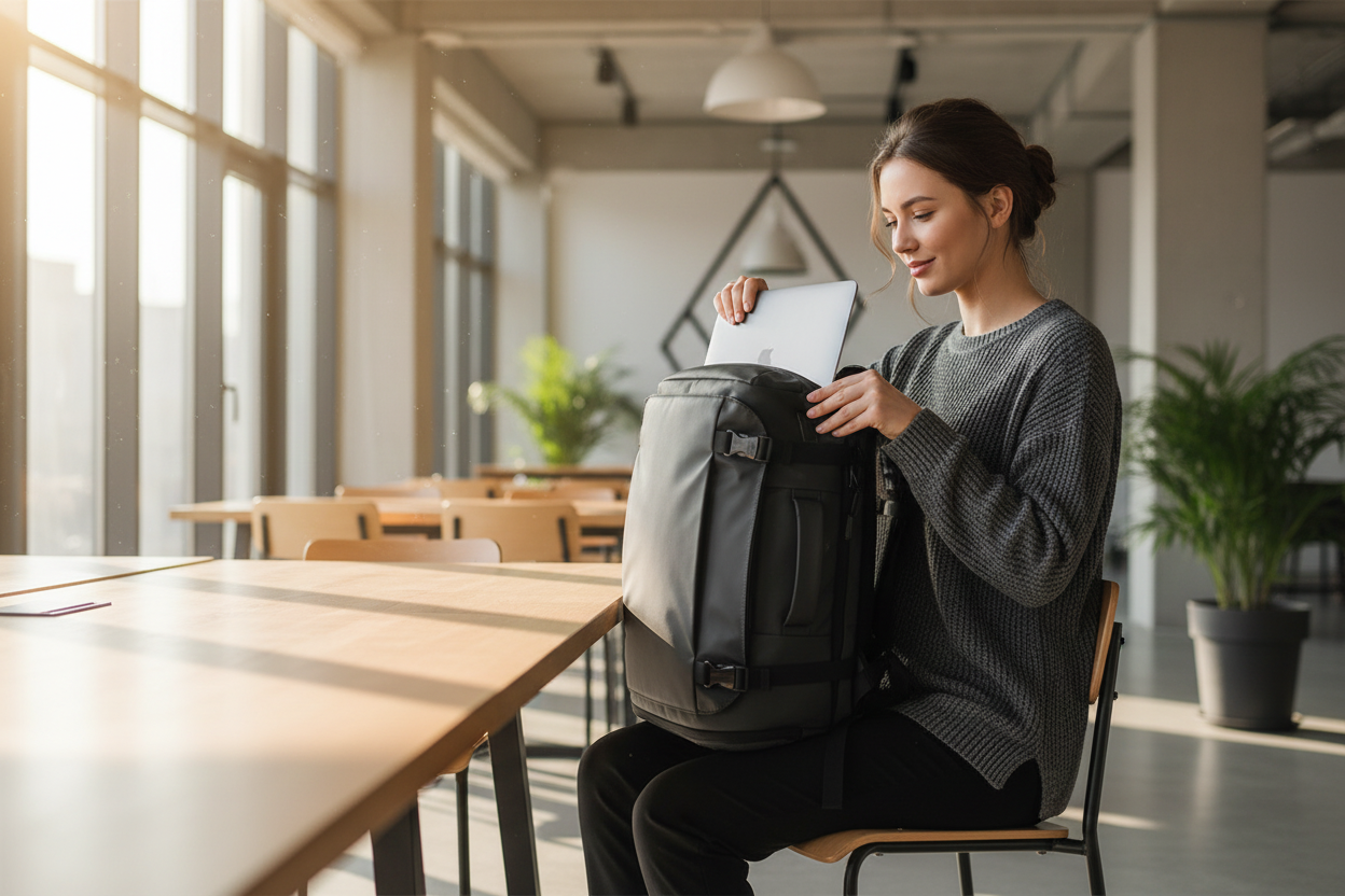Femme dans un espace de coworking avec sac à dos