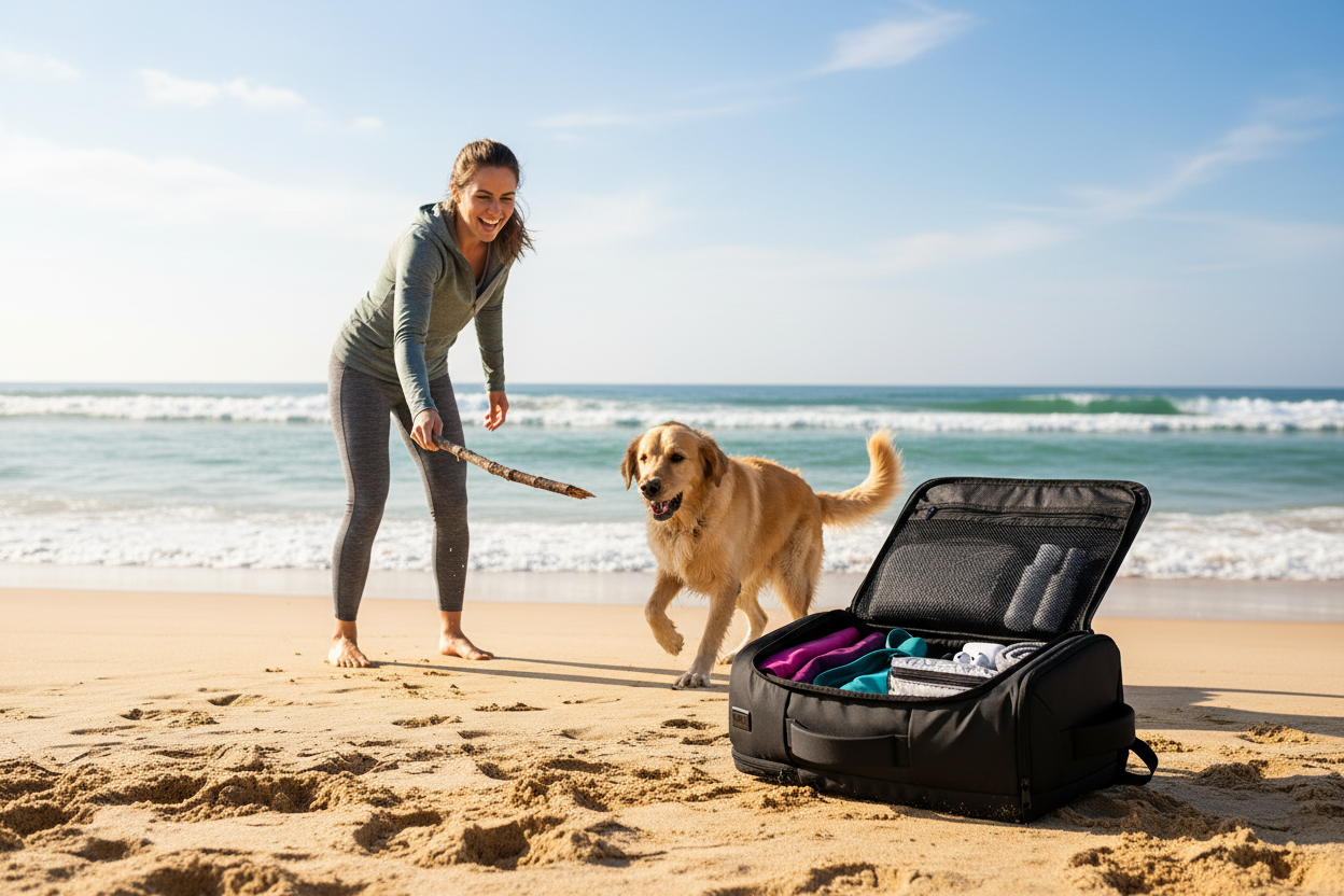 Femme jouant avec son chien sur la plage