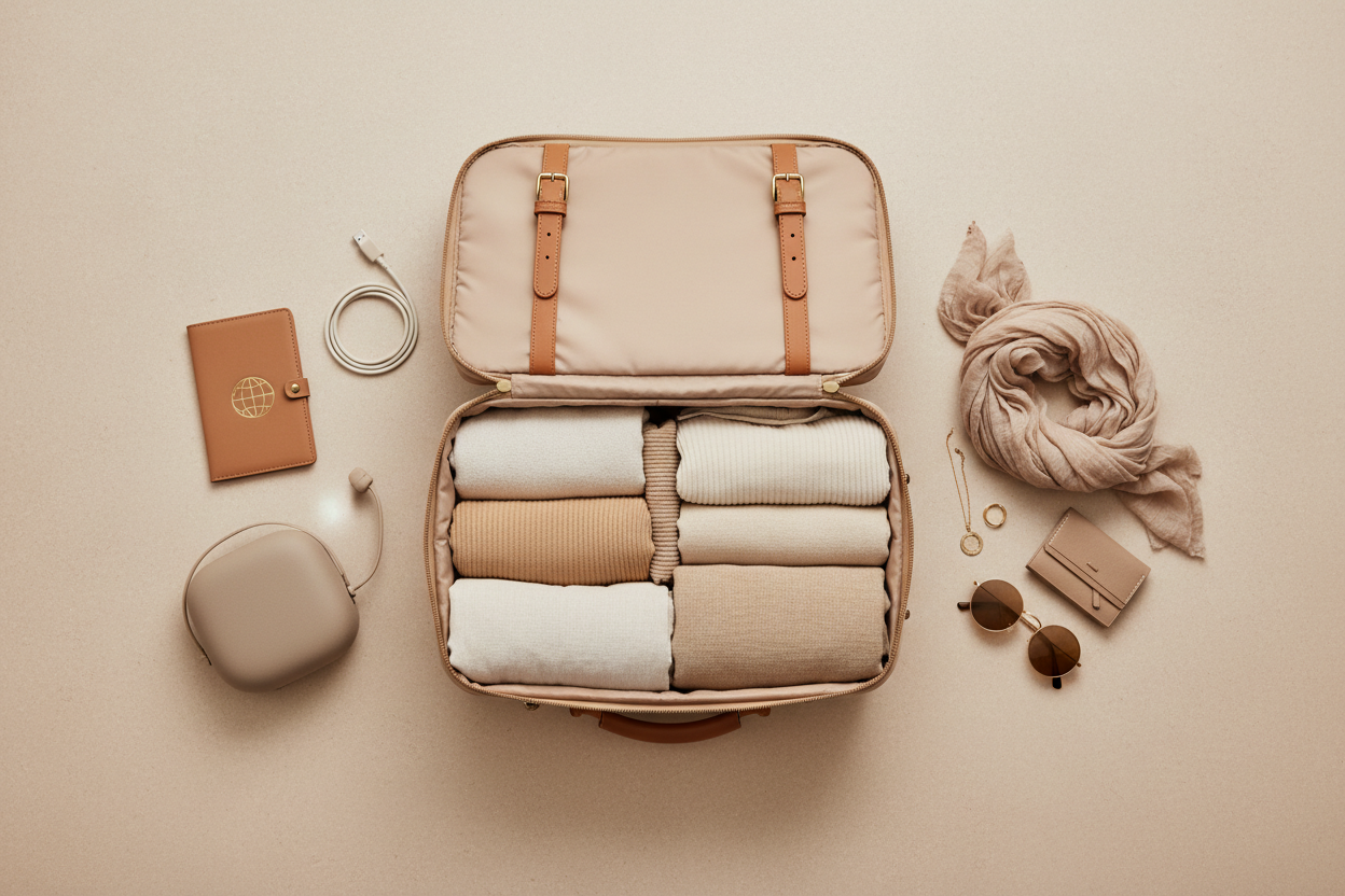 image clair et minimaliste dans les ton beige sable qui fait référence à voyager, préparer son sac ou sa valise pour partir